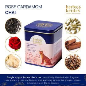 Herbs & Kettles Rose Cardamom Chai rose petals infuse a delicate floral scent.