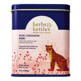 Herbs & Kettles Rose Cardamom Chai loose leaves with rose and spice aroma.