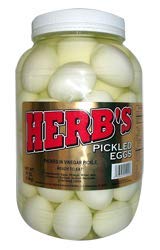 Herb's Pickled Eggs jar front view ideal for quick snacks and party platters.