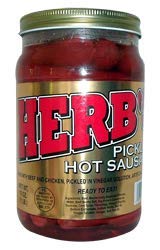 Herb's Pickled Hot Sausage 16oz jar, ready-to-eat snack for picnics and camping