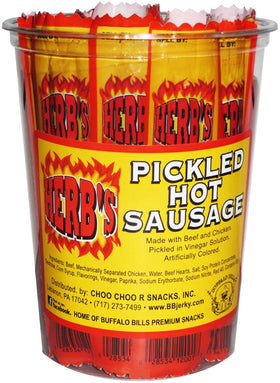 Herb’s Pickled Hot Sausages in cup packaging for grab-and-go snacks