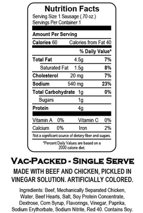 Herb’s Pickled Hot Sausages, USA-made from beef and chicken, pork-free