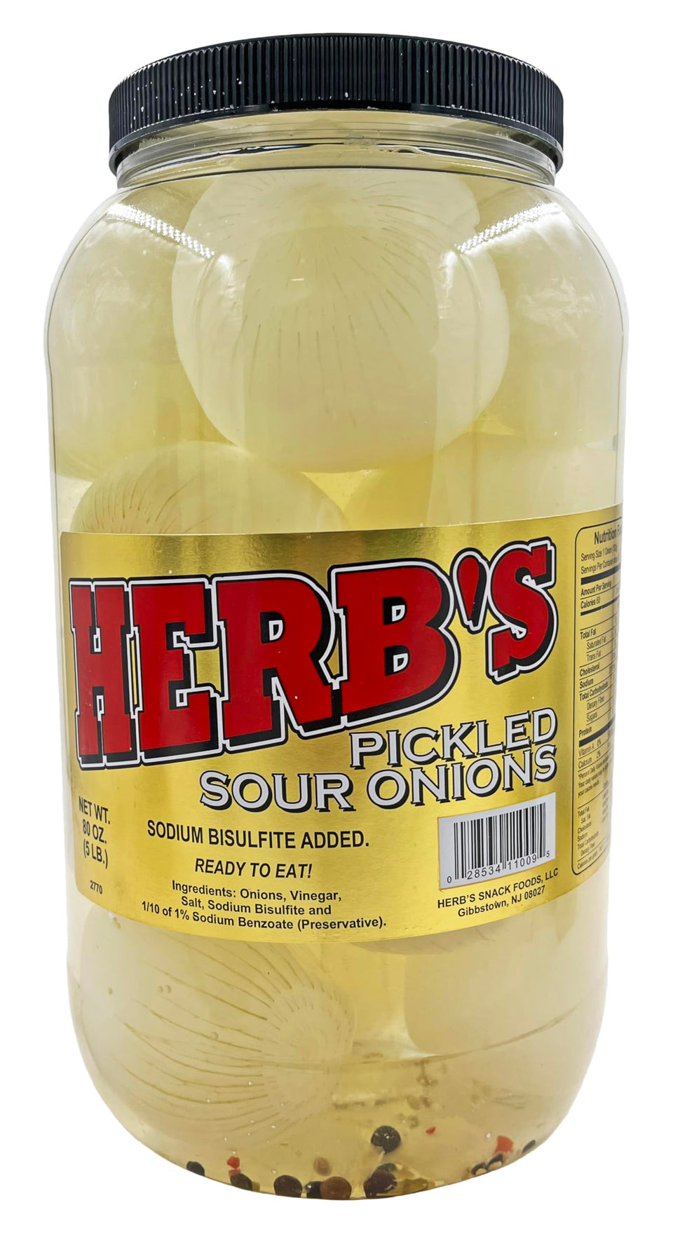 Herb's Pickled Sour Onions jar closeup, ready-to-eat tangy flavor for sandwiches.