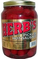 Herb's Red Hot Pickled Sausage in a half-gallon jar for ready-to-eat snacking