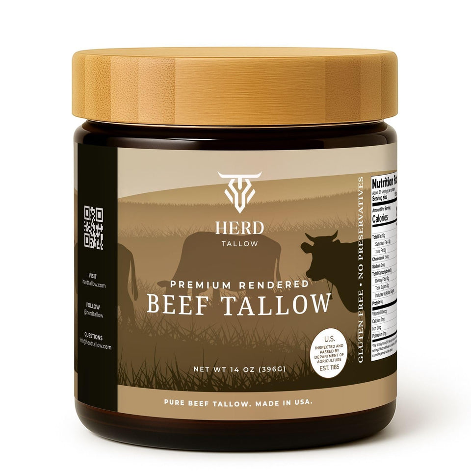 Herd Tallow jar of pure beef tallow for sautéing and frying with stable heat