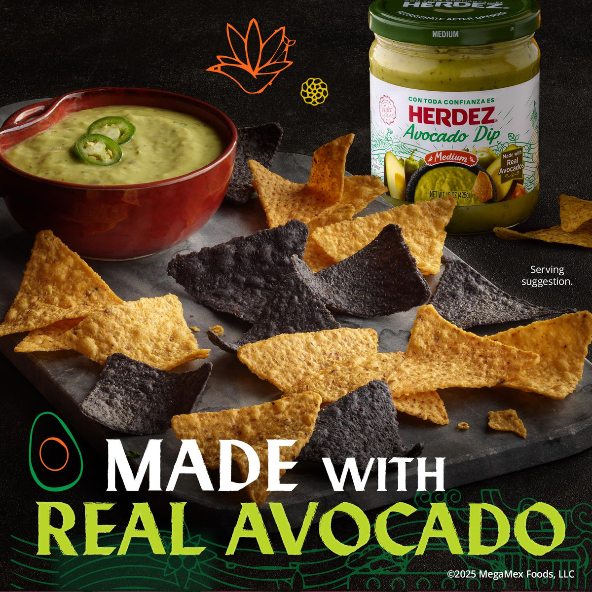 HERDEZ Avocado Dip served with vegetables and chips.
