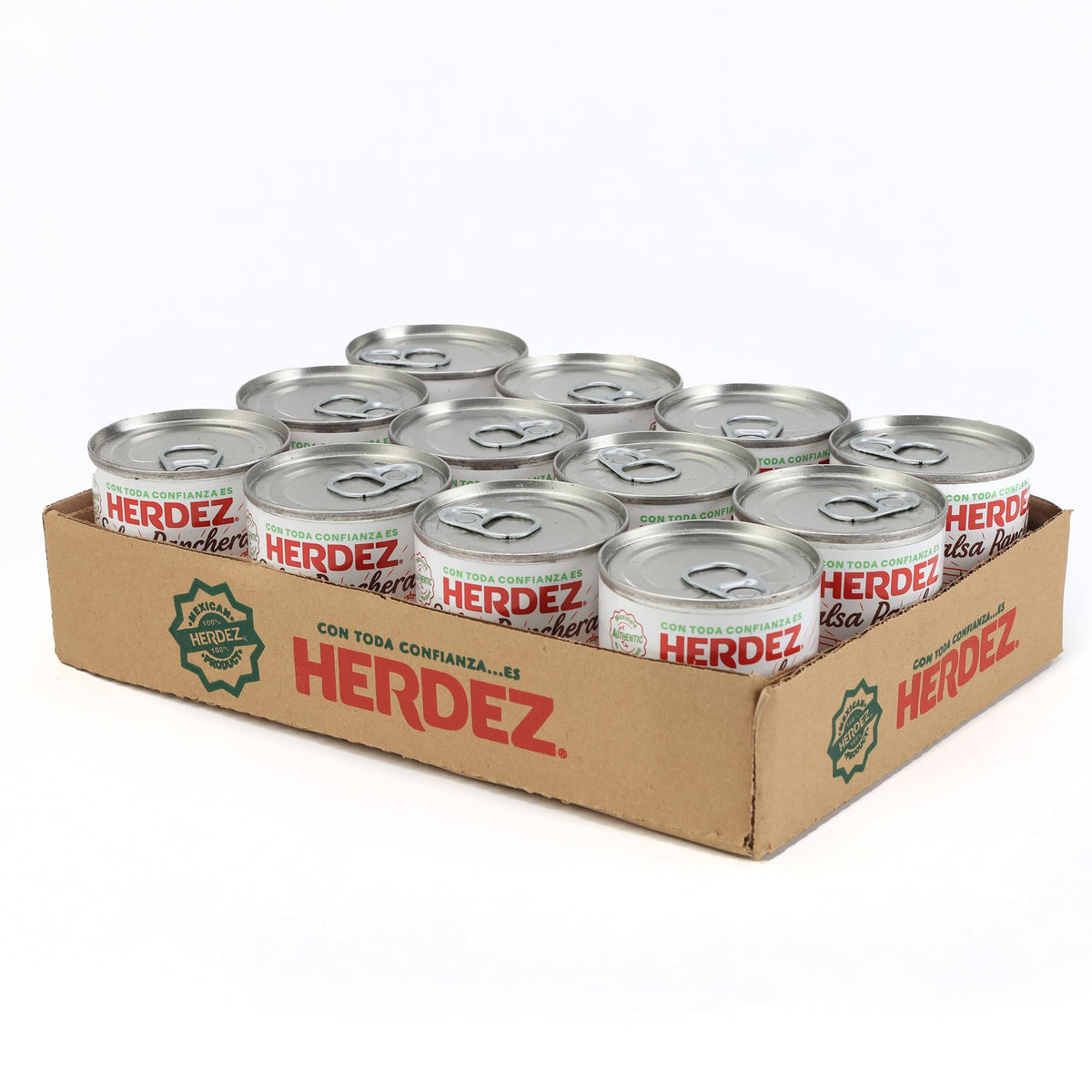 Herdez Ranchera Salsa Medium can with tortilla chips for tacos and dips