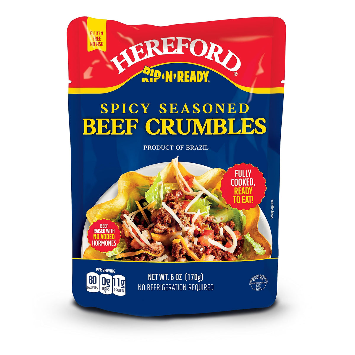 Hereford Spicy Seasoned Beef Crumbles close-up highlights bold flavor and ready-to-use texture.