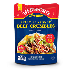 Hereford Spicy Seasoned Beef Crumbles close-up highlights bold flavor and ready-to-use texture.