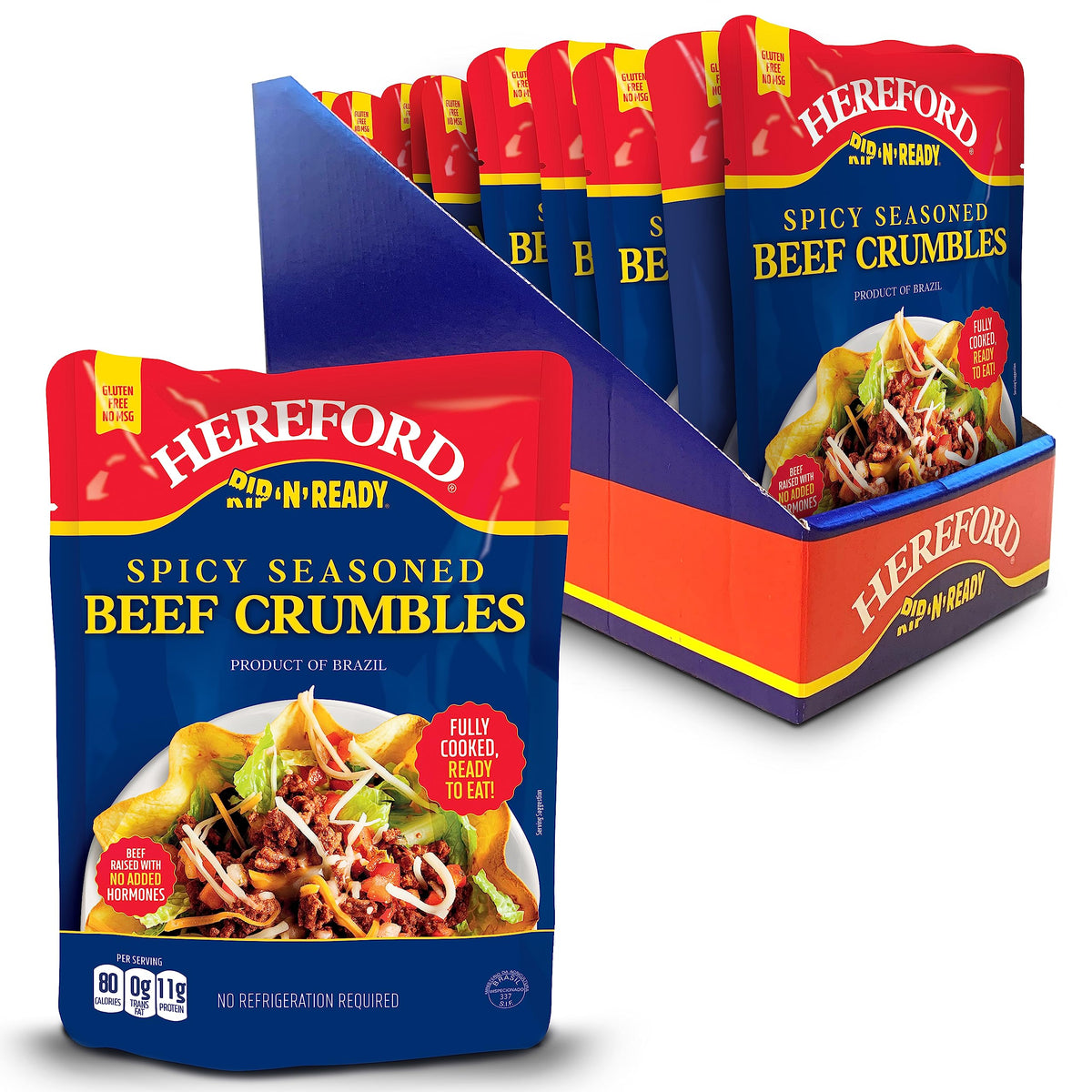 Hereford Spicy Seasoned Beef Crumbles package showcases shelf-stable protein for quick meals.