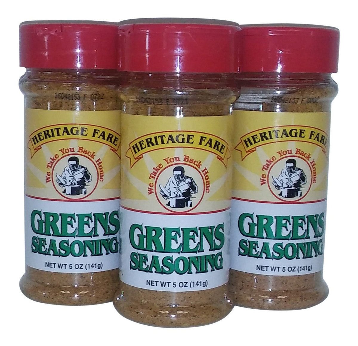 Heritage Fare Green Seasoning 3-pack on kitchen counters enhances greens and vegetables.