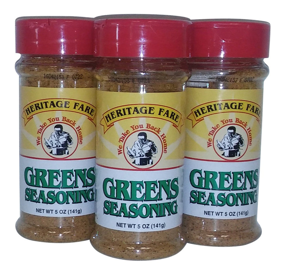 Heritage Fare Green Seasoning 3-pack on kitchen counters enhances greens and vegetables.