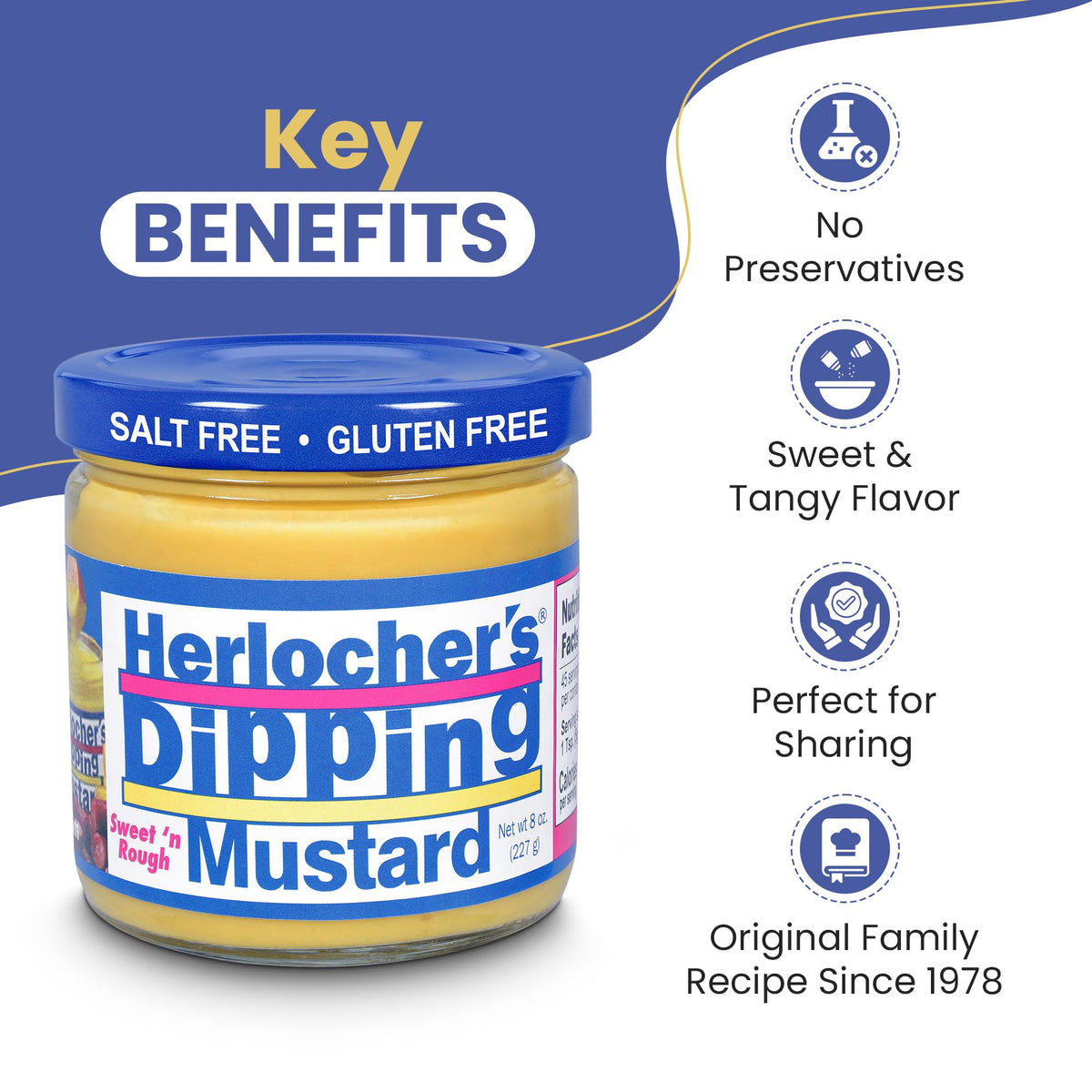 Two-jar display of Herlocher's Dipping Mustard in-store.