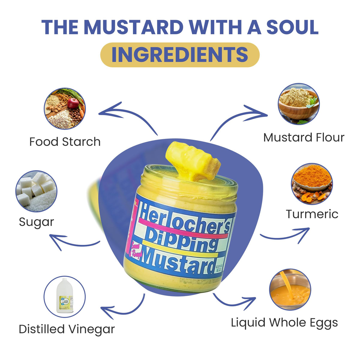 Herlocher's Dipping Mustard glass jar close-up showing glossy texture ideal for dipping.