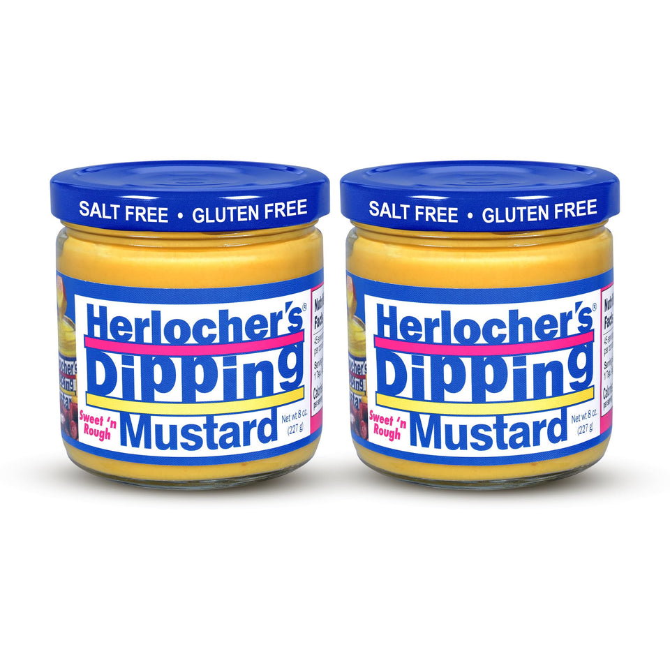 Herlocher's Dipping Mustard pack of two jars ready for dipping.