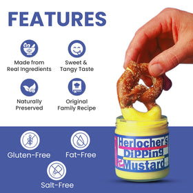 Herlocher's Dipping Mustard being poured from a jar highlights its smooth dipping texture.