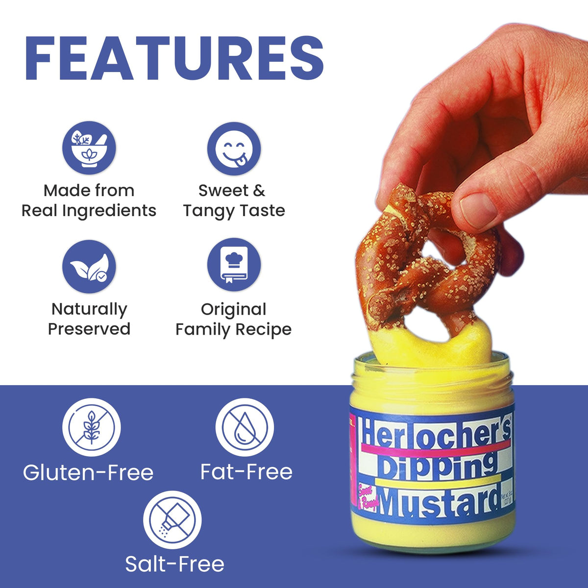 Herlocher's Dipping Mustard being poured into a dip bowl for snacking.
