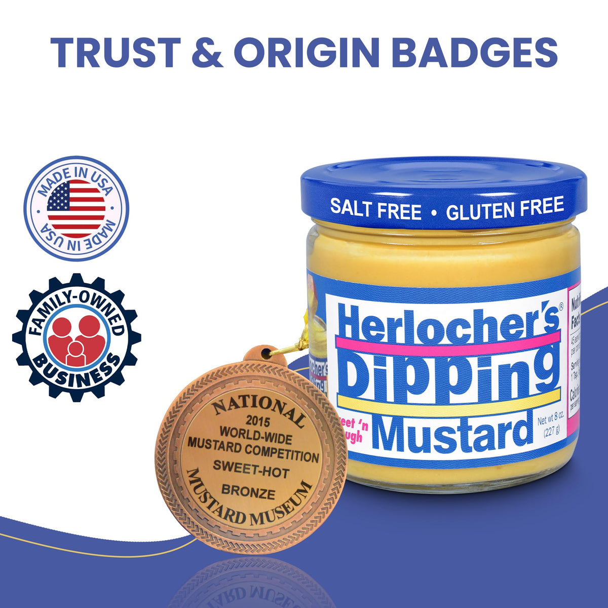 Herlocher's Dipping Mustard USA-made label signals family-crafted quality.