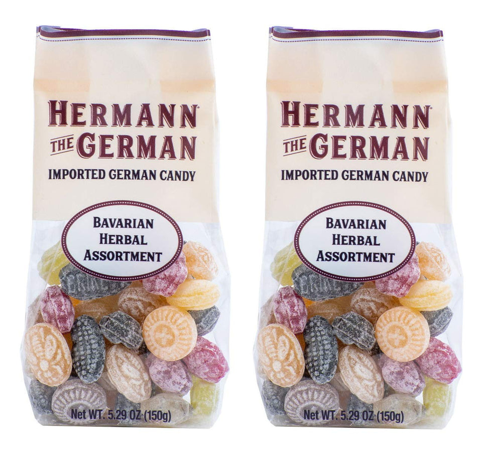 Hermann the German Bavarian herbal hard candy pack shot, gluten-free and dairy-free treat.