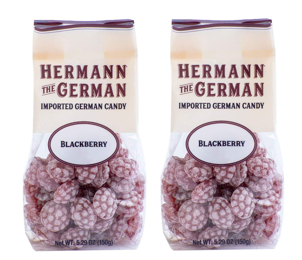 Hermann the German blackberry hard candy front view, convenient on-the-go berry flavor.