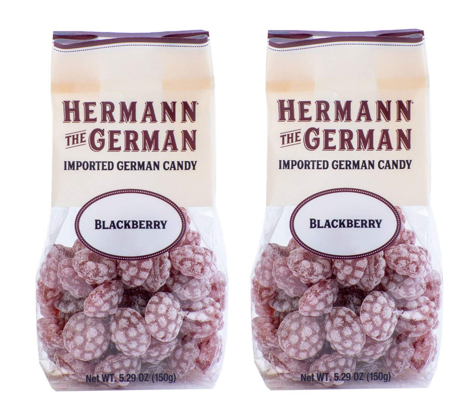 Hermann the German blackberry hard candy front view, convenient on-the-go berry flavor.