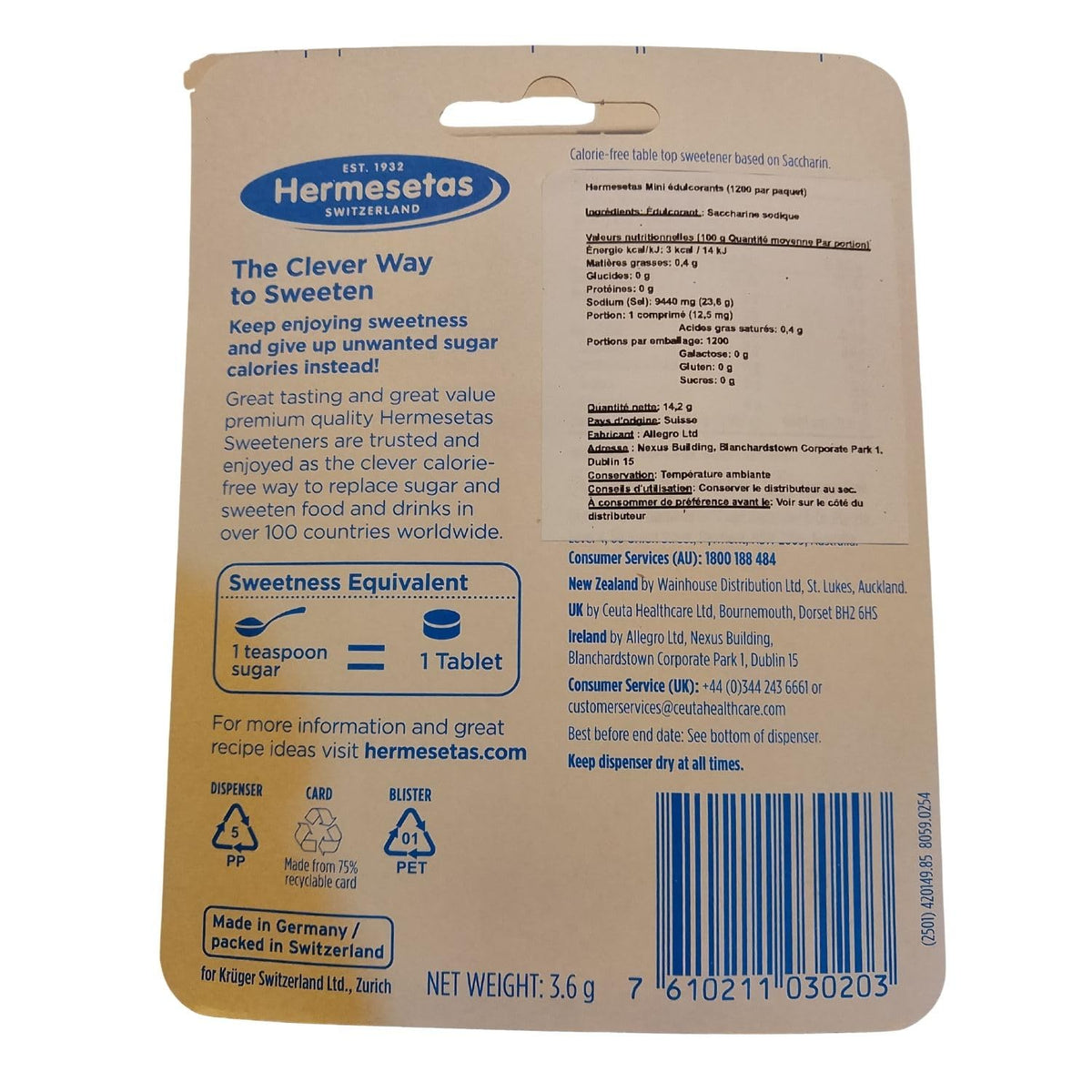 Hermesetas Mini Sweeteners 2-pack close-up of tiny sachets for quick sweetening.