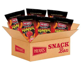 Herr's Carolina Reaper Cheese Curls bag front emphasizes bold heat and cheddar flavor