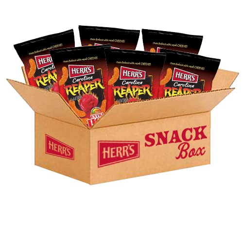 Herr's Carolina Reaper Cheese Curls bag front emphasizes bold heat and cheddar flavor