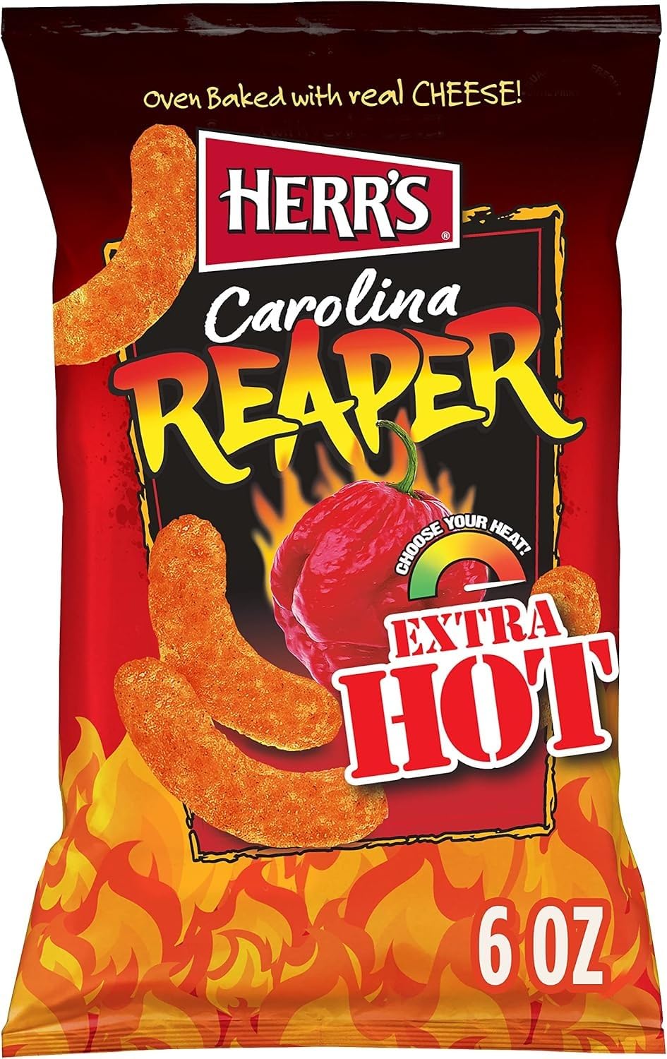 Herr's Carolina Reaper Cheese Curls close-up, showing crispy cheddar heat