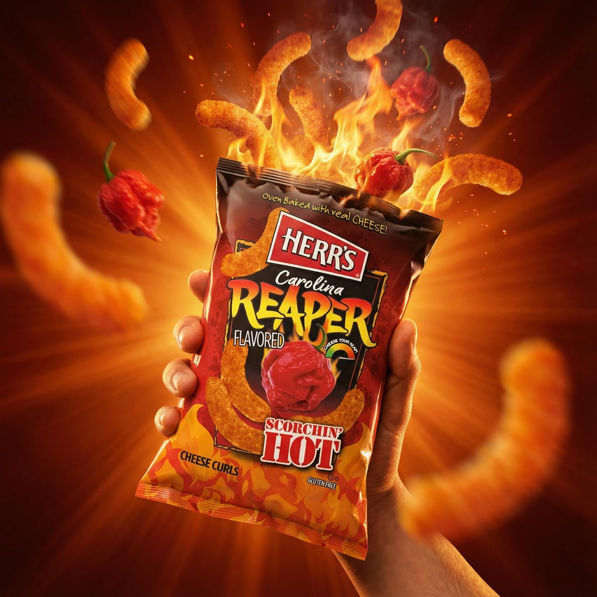 Oven-baked Herr's Carolina Reaper Cheese Curls deliver crisp texture