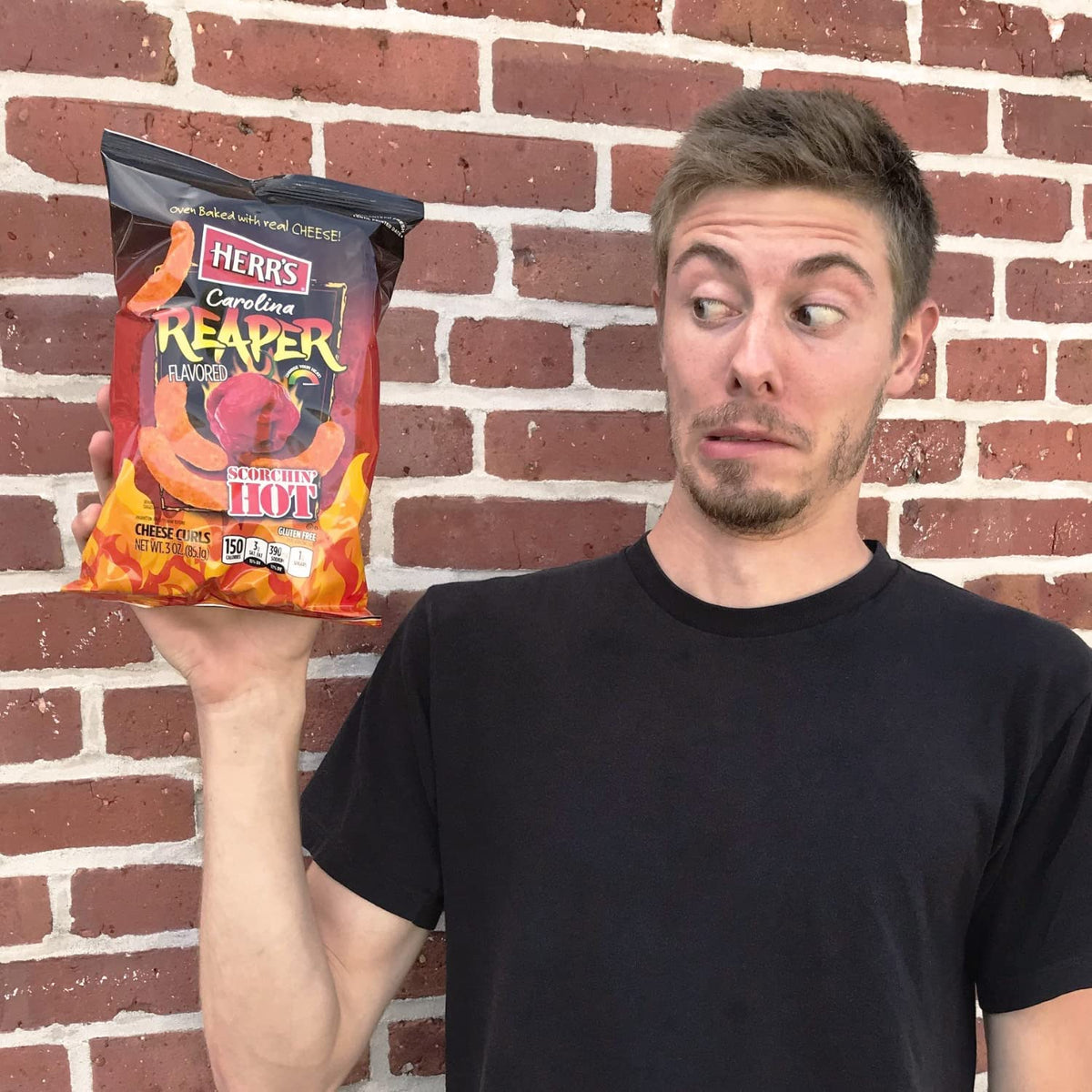 Packaging of Herr's Carolina Reaper Cheese Curls with six bags for freshness
