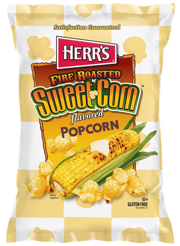 Herr's fire-roasted sweet corn popcorn bag back with freshness seal.