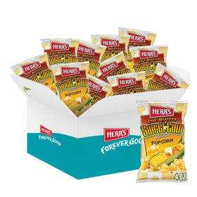 Herr's fire-roasted sweet corn popcorn bag front, ideal for sharing at parties.