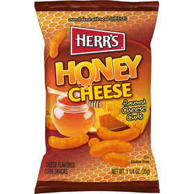 Herr's Honey Cheese Flavored Curls bag shown, ideal for lunchboxes and on-the-go enjoyment.