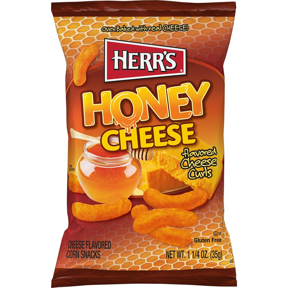 Herr's Honey Cheese Flavored Curls bag shown, ideal for lunchboxes and on-the-go enjoyment.