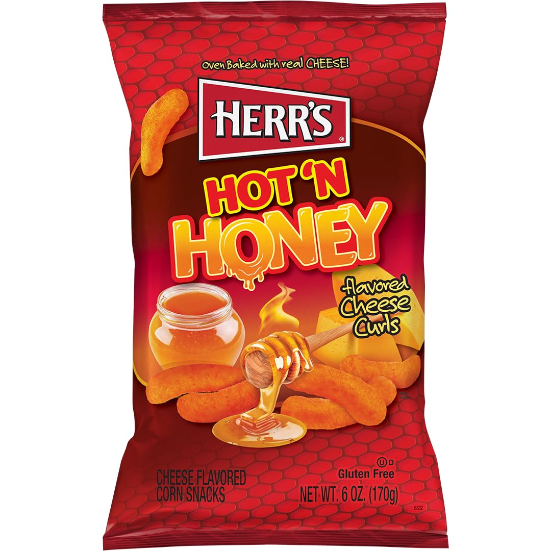 Close-up of Herr's Hot & Honey Cheese Curls showing real cheese texture