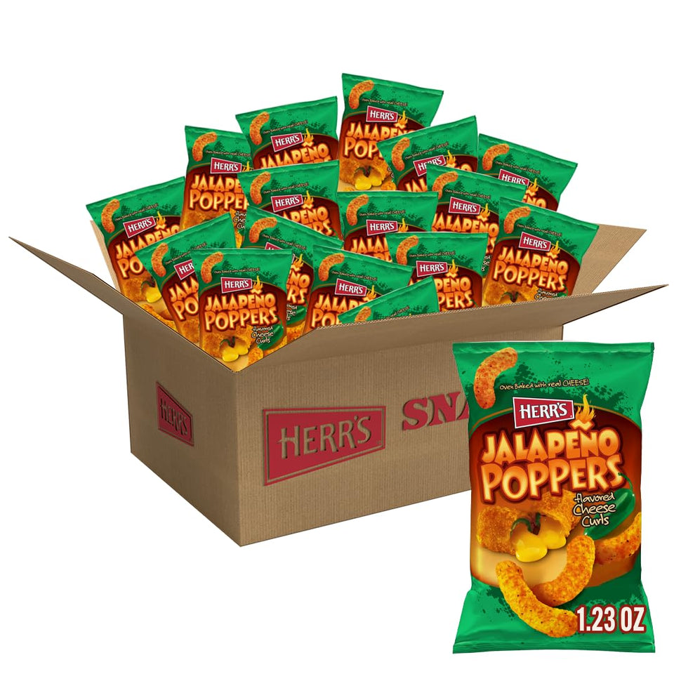 Herr's jalapeno-poppers-cheddar-cheese-curls deliver bold crunch for snack time.