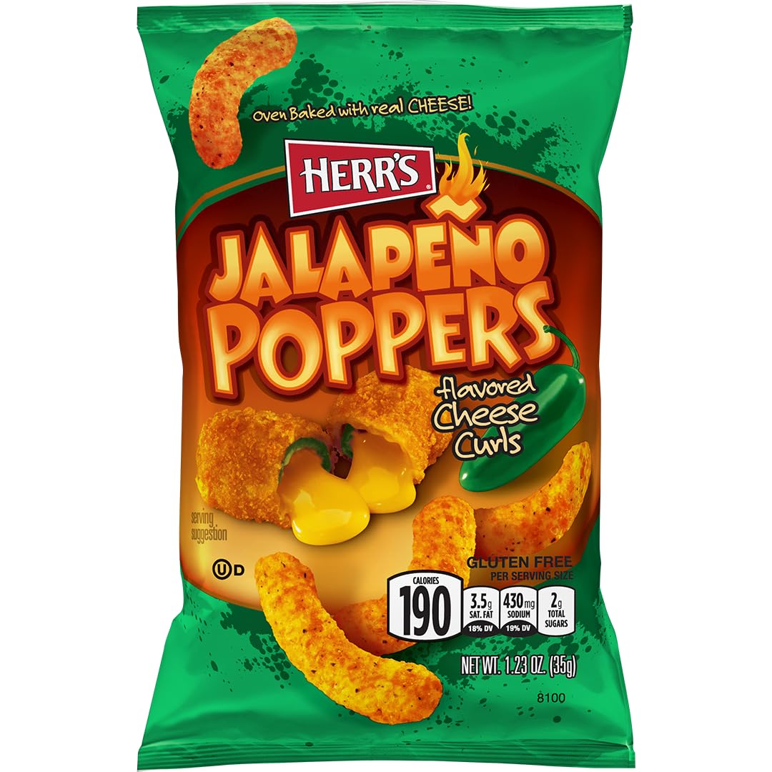 Herr's oven-baked-cheese-puffs with light, crispy texture and real cheese flavor.