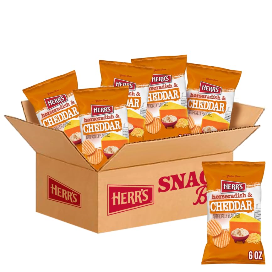 Herr's horseradish cheddar chips front pack shows bold flavor ideal for savory snacking.