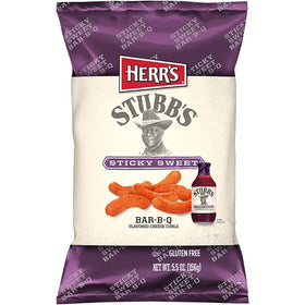 Herr's Stubb's Sticky Sweet Bar-B-Q Cheese Curls bag front, bold flavor ready for sharing