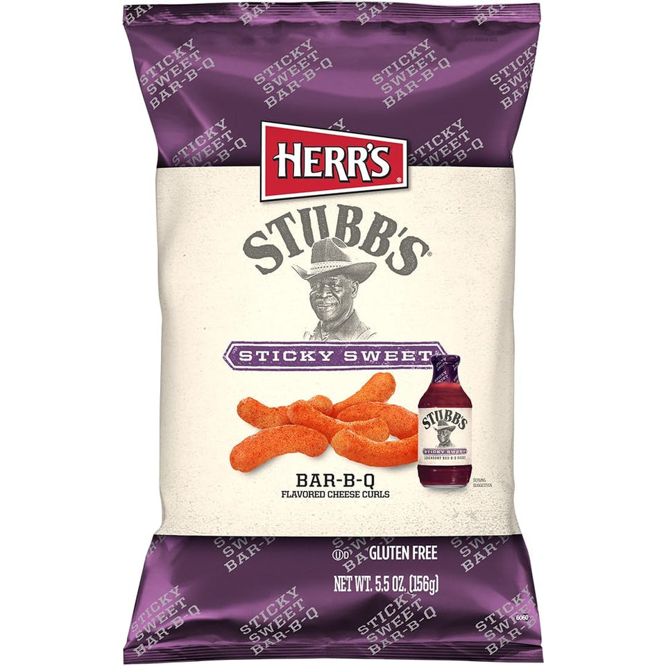 Herr's Stubb's Sticky Sweet Bar-B-Q Cheese Curls bag front, bold flavor ready for sharing