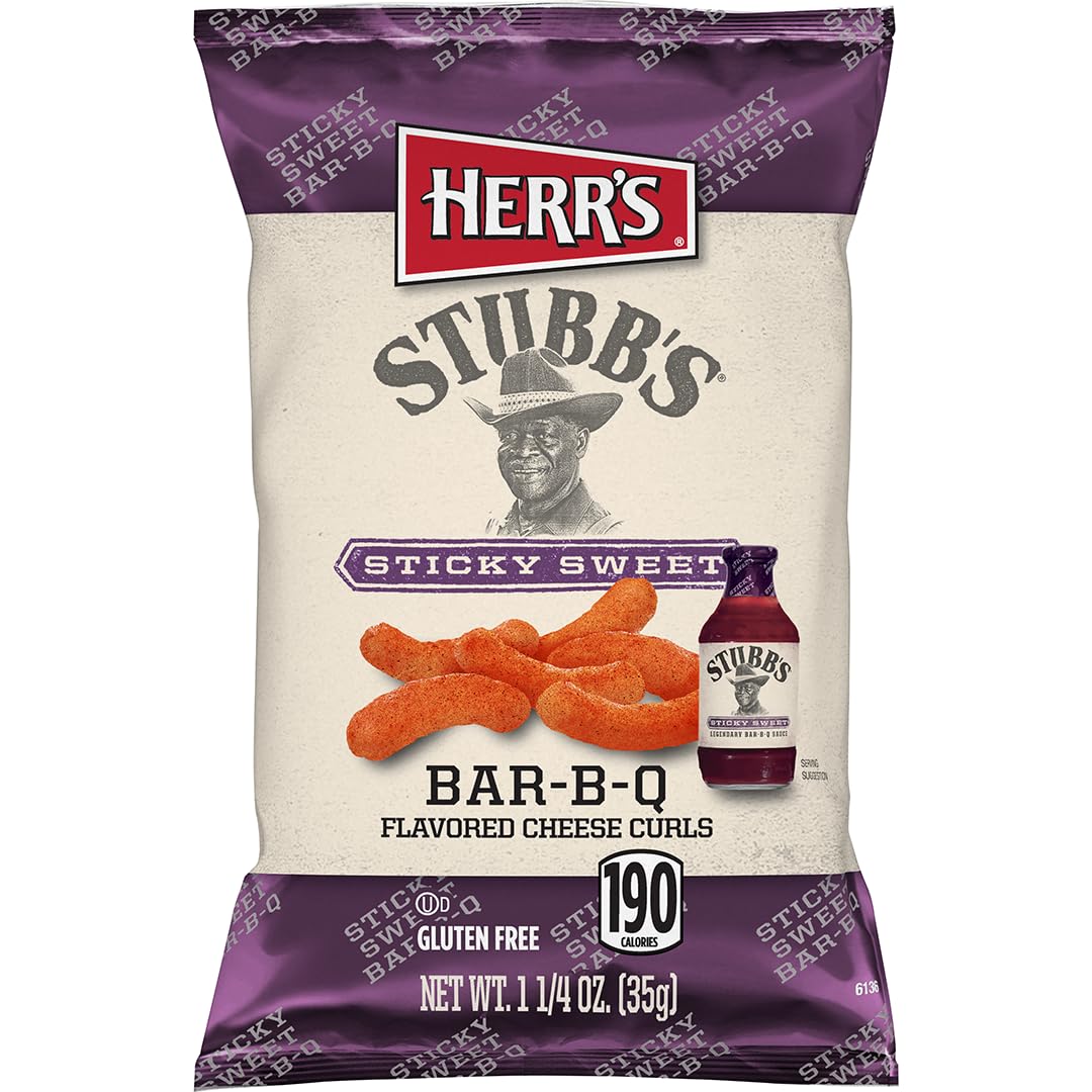 Herr's Stubbs Sticky Sweet BAR-B-Q Cheese Curls closeup, crispy texture and smoky-sweet aroma.