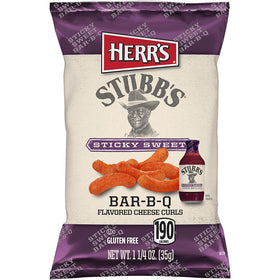 Herr's Stubbs Sticky Sweet BAR-B-Q Cheese Curls closeup, crispy texture and smoky-sweet aroma.