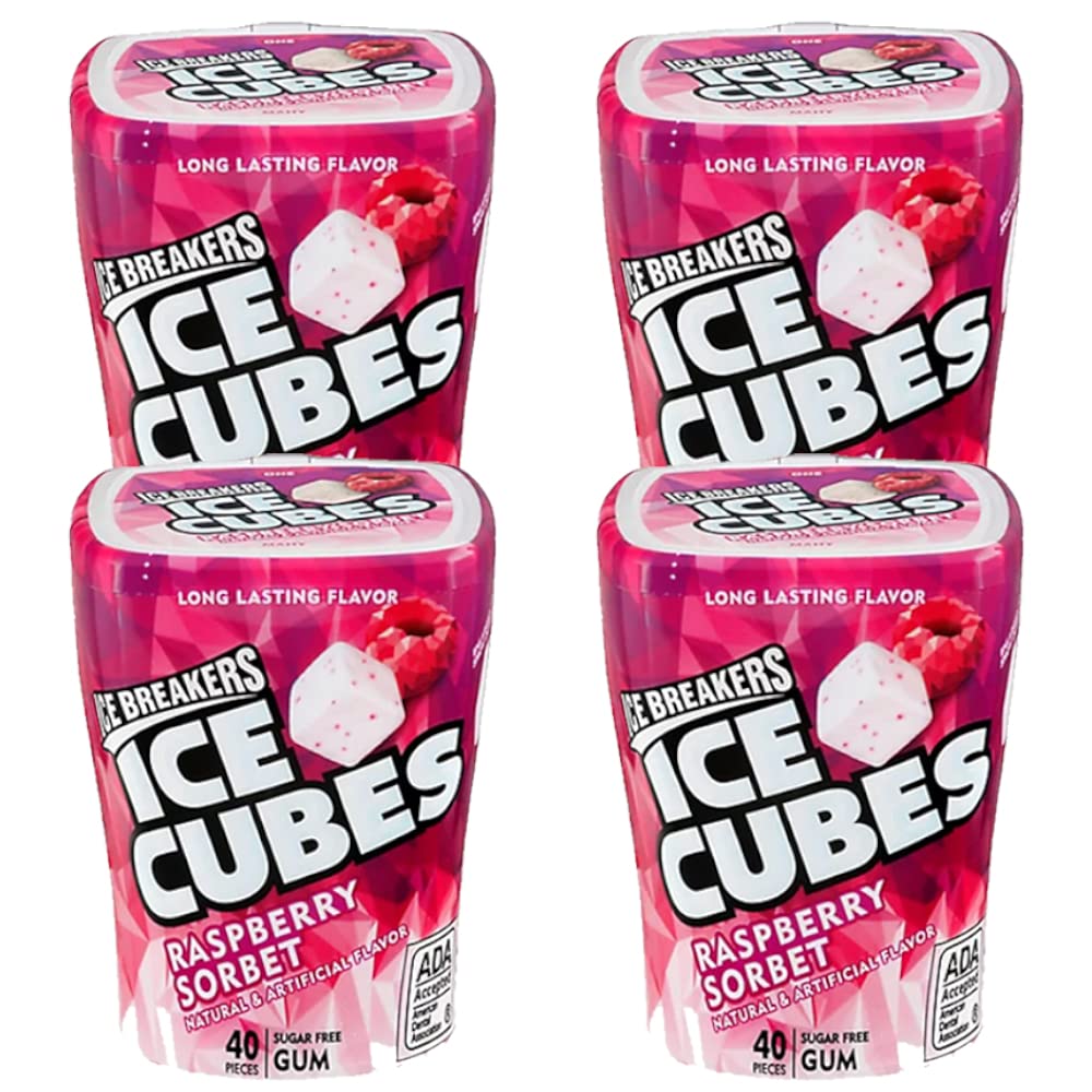 The Hershey Ice Breakers Ice Cubes Raspberry Sorbet bottle with 4-count, ready for on-the-go freshness.