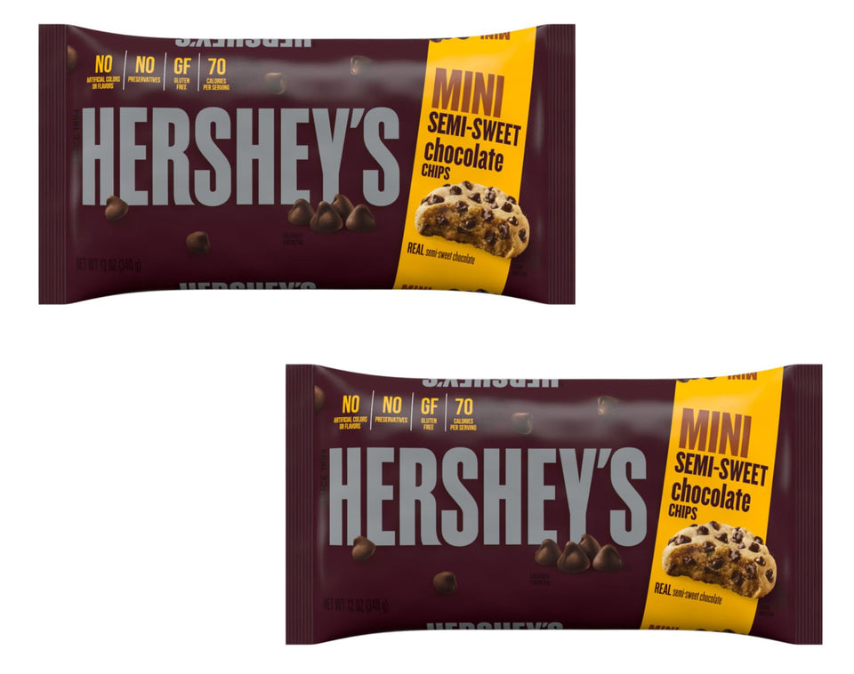 Hershey's semi-sweet mini chocolate chips in a two-pack—great for cookies and baking.