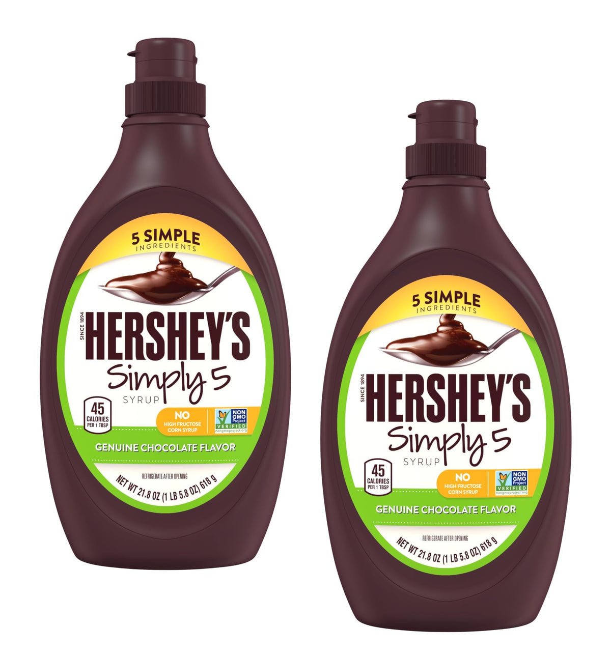 Hershey Simply 5 chocolate syrup bottle front view showcasing real cocoa flavor