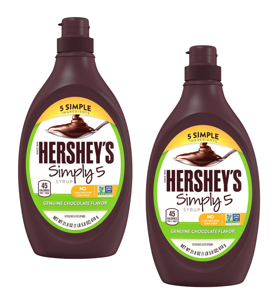 Hershey Simply 5 chocolate syrup bottle front view showcasing real cocoa flavor