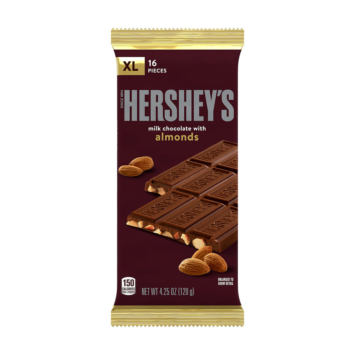 HERSHEY'S almonds in milk chocolate close-up; indulgent bite.