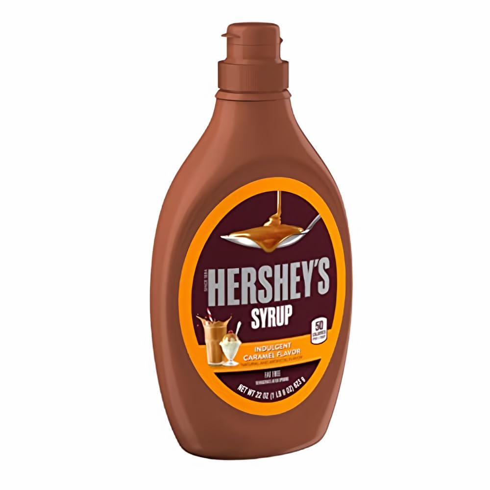 Hershey's caramel syrup bottle front highlights rich caramel flavor for desserts
