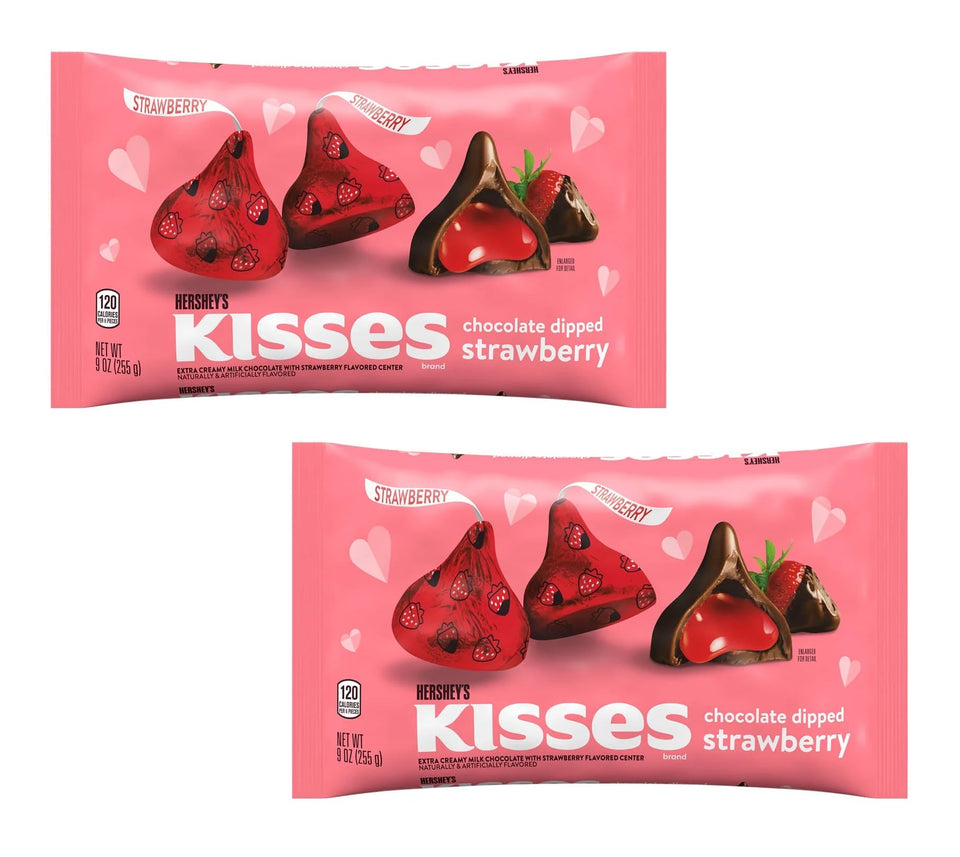 Hershey's Chocolate Dipped Strawberry Kisses pack front with festive foil, ideal for gifting.